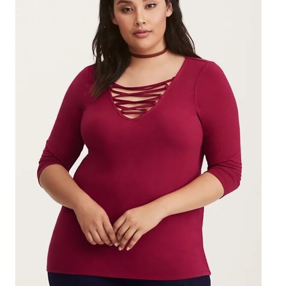 Torrid deep v lace up top pink - Picture 1 of 7